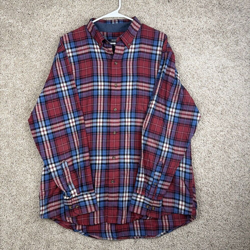 IZOD Shirt Mens XL Plaid Flannel Long Sleeve Button-Down Red Blue White